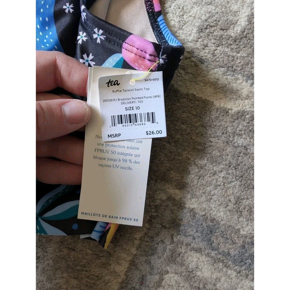 Tea Collection Bikini Top Girls Size 10 Ruffled Blk Swim Beach Hawaiian Floral